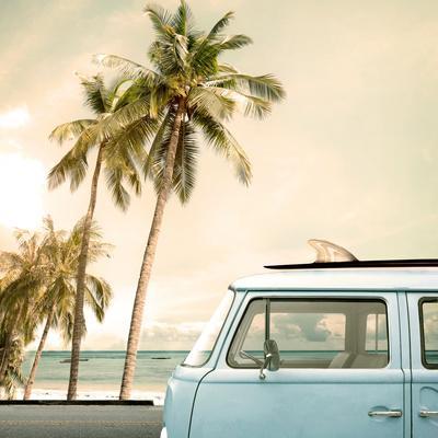Vintage Car Parked on the Tropical Beach (Seaside) with a Surfboard on the Roof - Photographic Print, 16x16